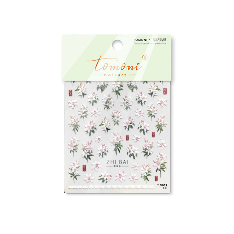 Vintage Lily Crystal Nail Stickers - Elegant 3D Floral Nail Art Decals with Sparkling Rhinestones