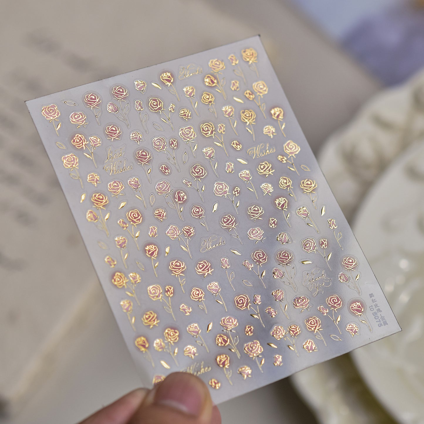 Vintage Blush Rose Metal Nail Stickers - Retro Nail Art with Metallic Rose Gold Accents, 3D Floral Embossed Nail Decals for Women, Elegant Romantic Nail Designs