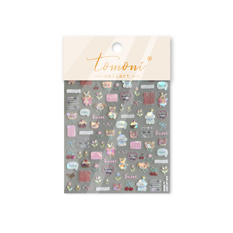 Kids Cartoon Doodle Nail Stickers with Iridescent Shell Glow - Fun Animal & Shape Designs, Non-Toxic Nail Decals for Children, Easy Peel-off Nail Art for Girls & Boys