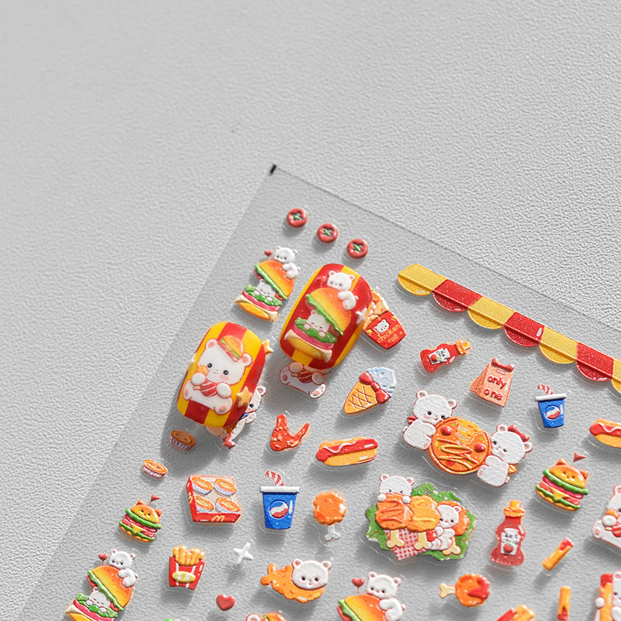 Adorable Hamburger Puppy 3D Embossed Nail Stickers - Fun Food & Animal Themed Nail Art Decals with Cute Character Designs for Women and Girls