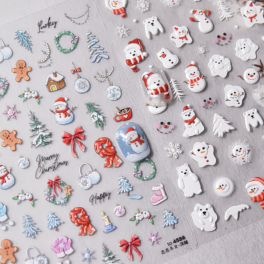 Winter Romance Christmas Embossed Nail Stickers - 3D Holiday Nail Art Decals with Snowflake, Reindeer & Santa Designs, Festive Christmas Manicure for Holiday Parties