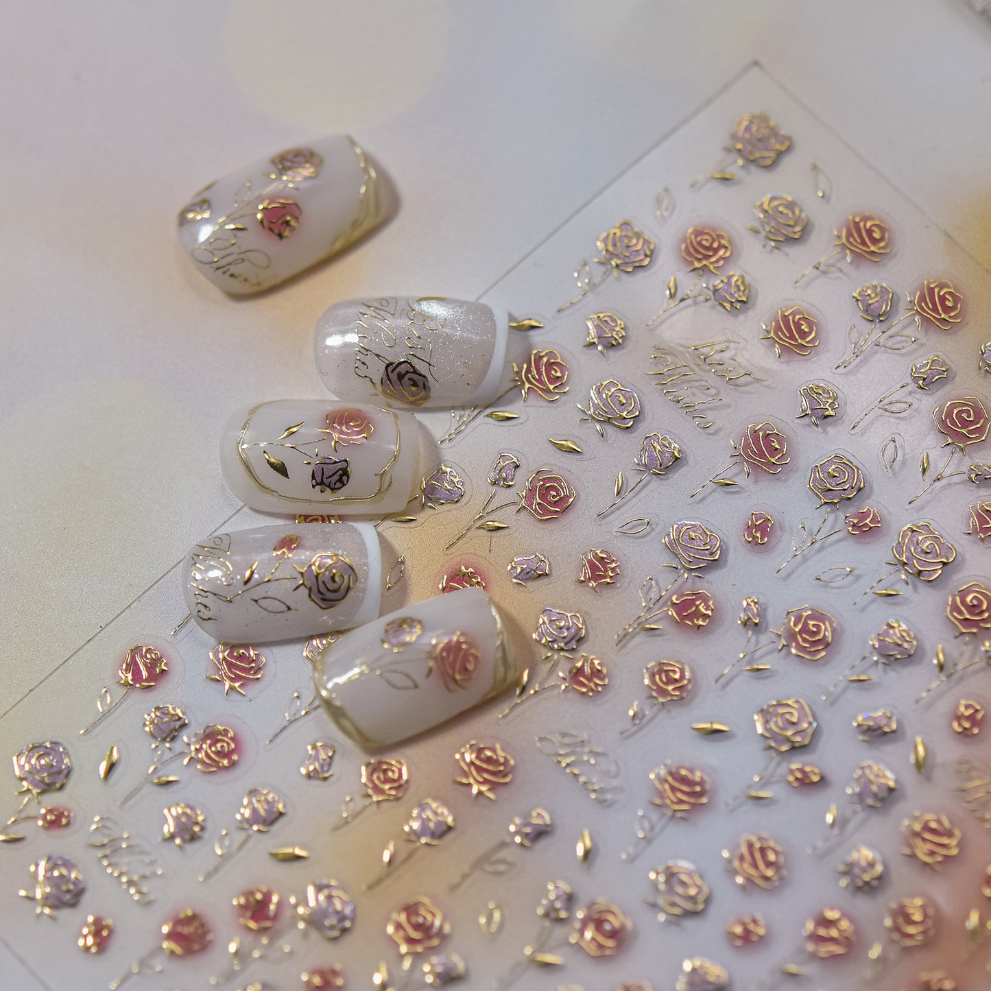Vintage Blush Rose Metal Nail Stickers - Retro Nail Art with Metallic Rose Gold Accents, 3D Floral Embossed Nail Decals for Women, Elegant Romantic Nail Designs