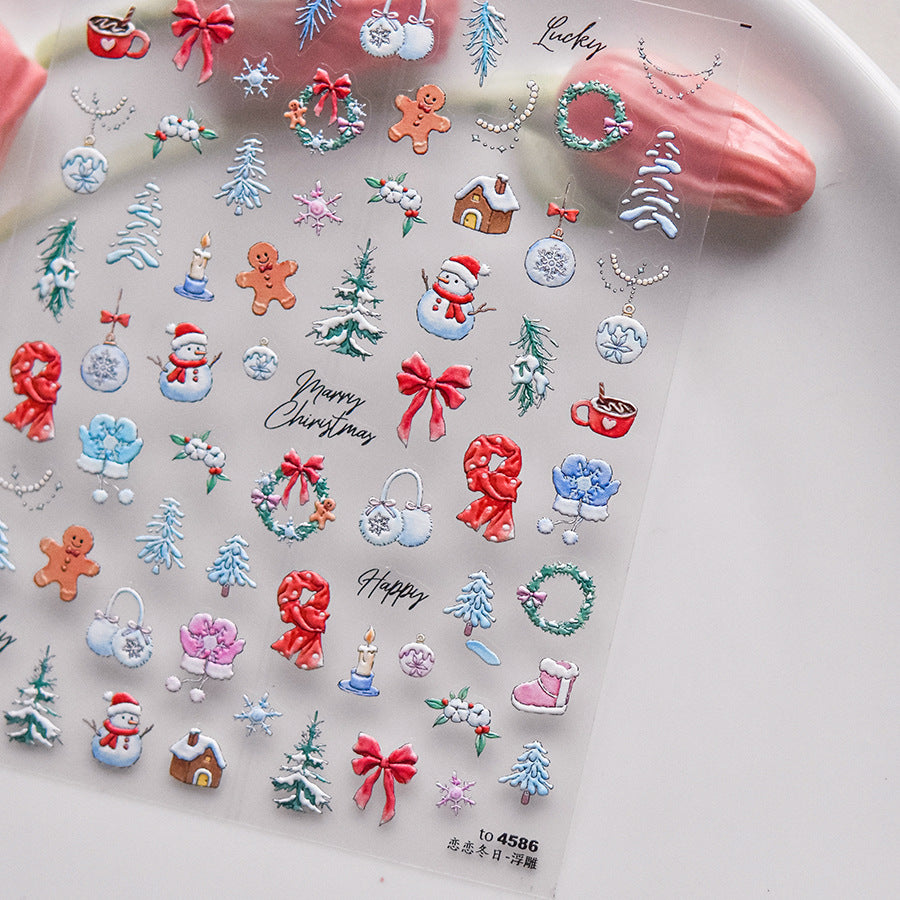 Winter Romance Christmas Embossed Nail Stickers - 3D Holiday Nail Art Decals with Snowflake, Reindeer & Santa Designs, Festive Christmas Manicure for Holiday Parties
