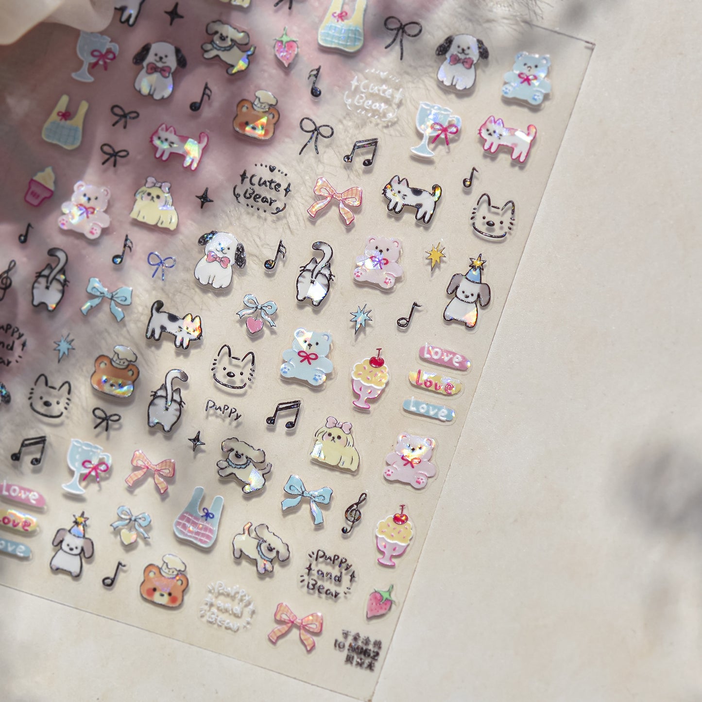 Kids Cartoon Doodle Nail Stickers with Iridescent Shell Glow - Fun Animal & Shape Designs, Non-Toxic Nail Decals for Children, Easy Peel-off Nail Art for Girls & Boys