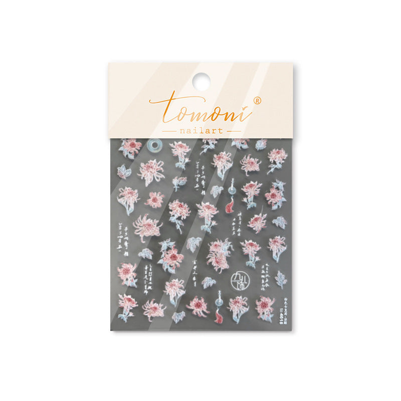 Embossed Nail Stickers Pink Empress Chrysanthemum Nail Stickers Mixed Style