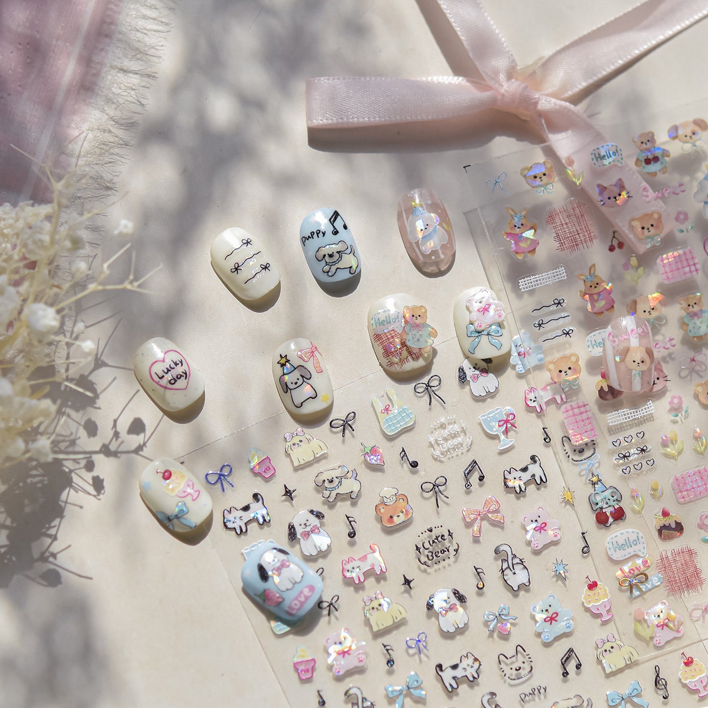 Kids Cartoon Doodle Nail Stickers with Iridescent Shell Glow - Fun Animal & Shape Designs, Non-Toxic Nail Decals for Children, Easy Peel-off Nail Art for Girls & Boys