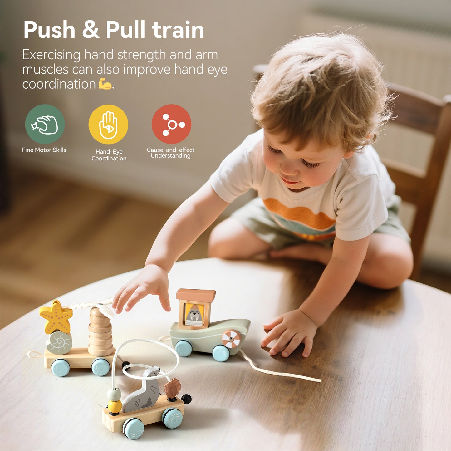 Wooden 3-Section Animal Pulling Toy - Baby Walking Train with Pull String, Educational Toddler Pull Toy with Animal Blocks, Montessori Early Learning Walking Aid for 1-3 Year Olds