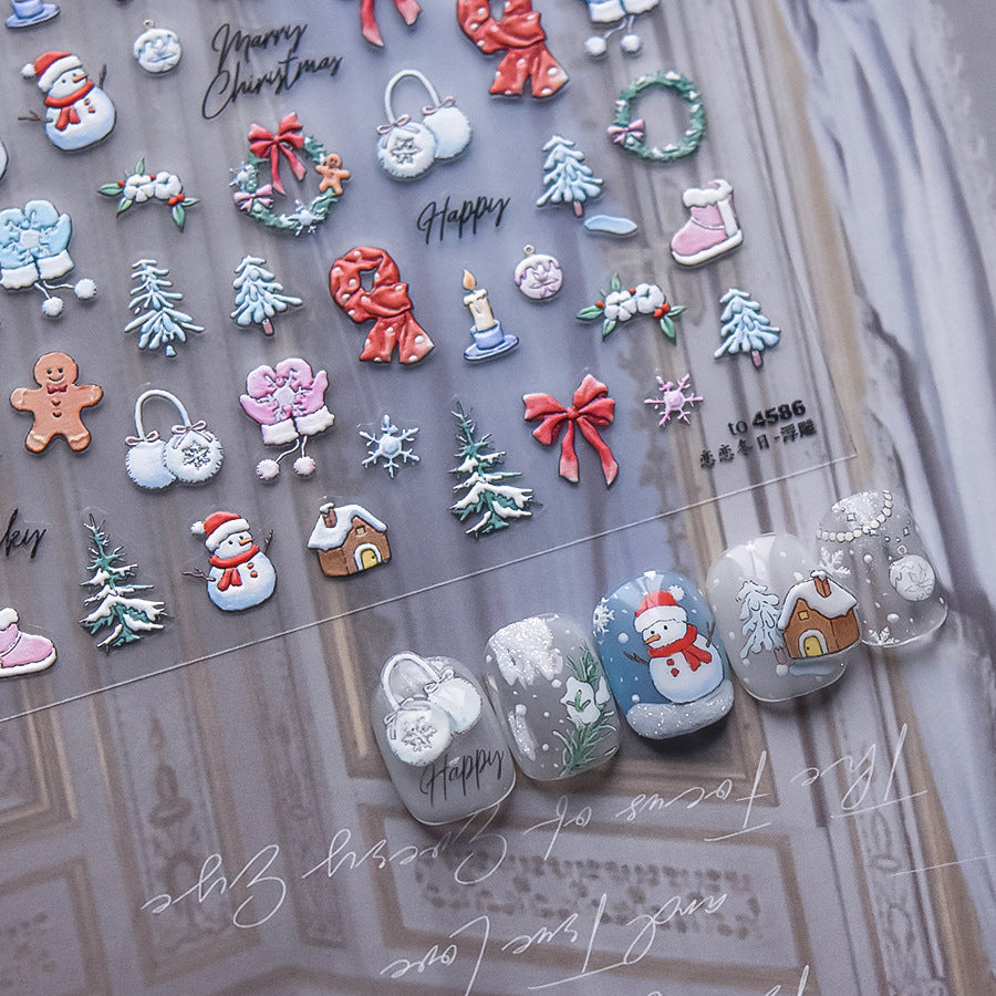 Winter Romance Christmas Embossed Nail Stickers - 3D Holiday Nail Art Decals with Snowflake, Reindeer & Santa Designs, Festive Christmas Manicure for Holiday Parties