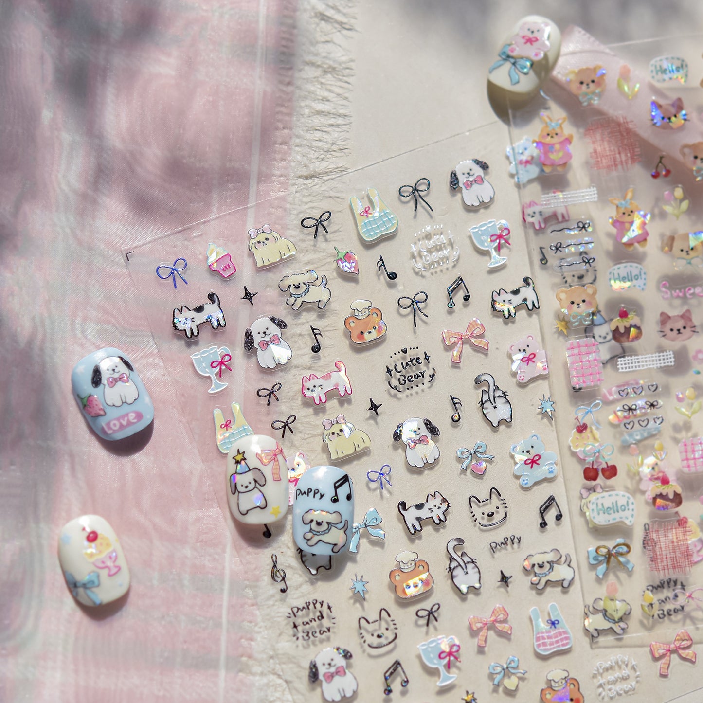 Kids Cartoon Doodle Nail Stickers with Iridescent Shell Glow - Fun Animal & Shape Designs, Non-Toxic Nail Decals for Children, Easy Peel-off Nail Art for Girls & Boys