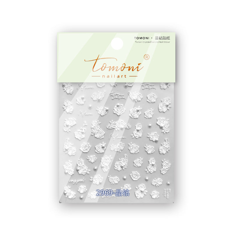 Vintage Black White Floral Nail Stickers with Pearls & Crystals - Elegant 3D Embossed Nail Art Decals with Butterfly Accents for Women, Salon-Quality Manicure