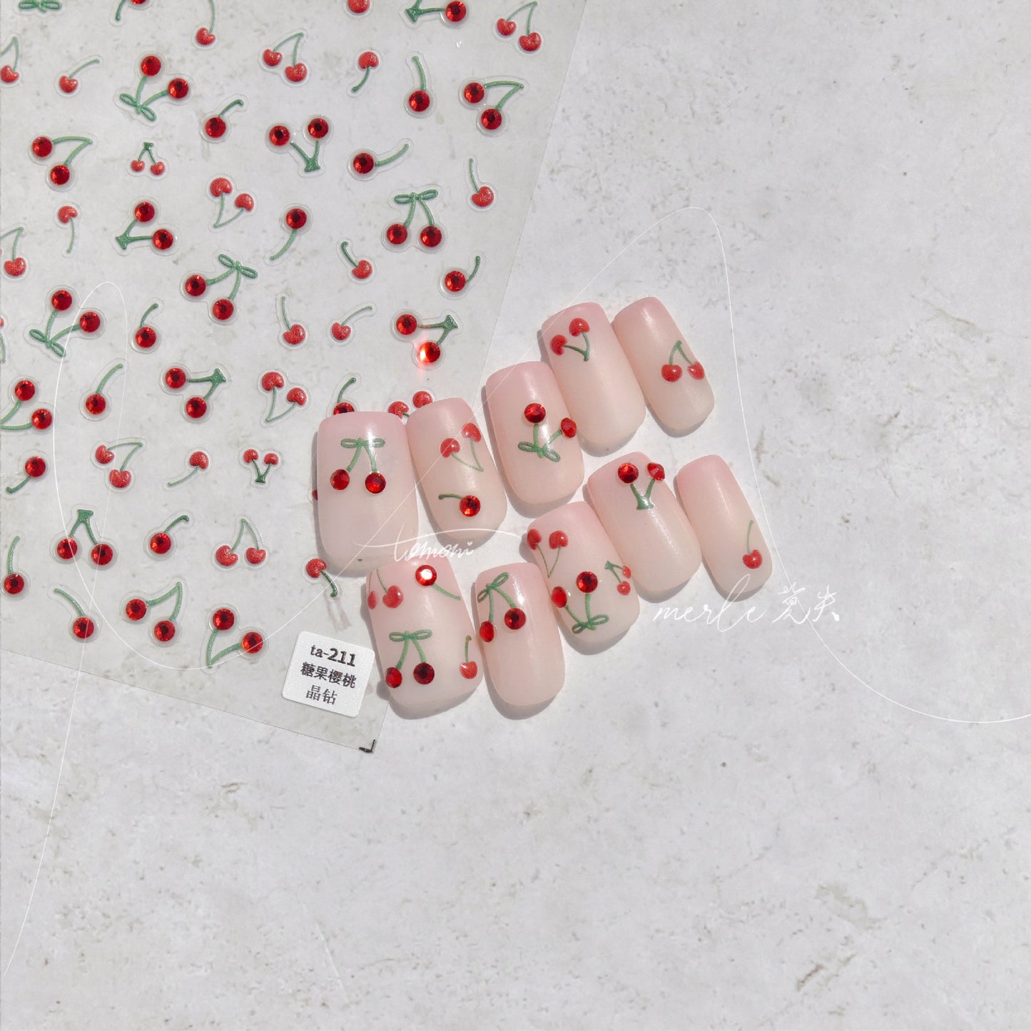 Adorable Cherry with Crystal Nail Stickers - 3D Sparkling Fruit Nail Art Decals with Jewel Accents, Sweet Summer Design for Women and Girls