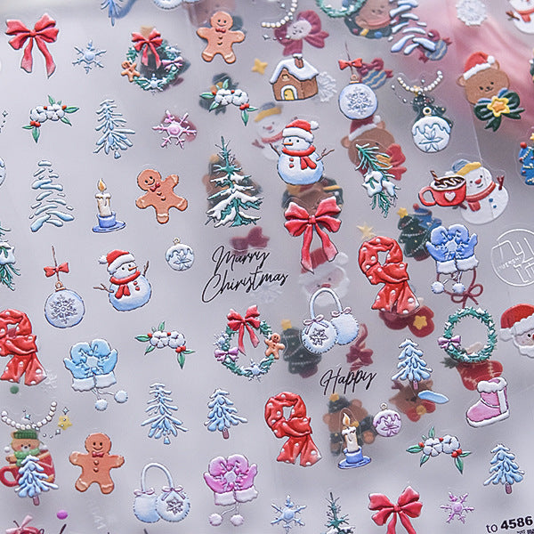 Winter Romance Christmas Embossed Nail Stickers - 3D Holiday Nail Art Decals with Snowflake, Reindeer & Santa Designs, Festive Christmas Manicure for Holiday Parties