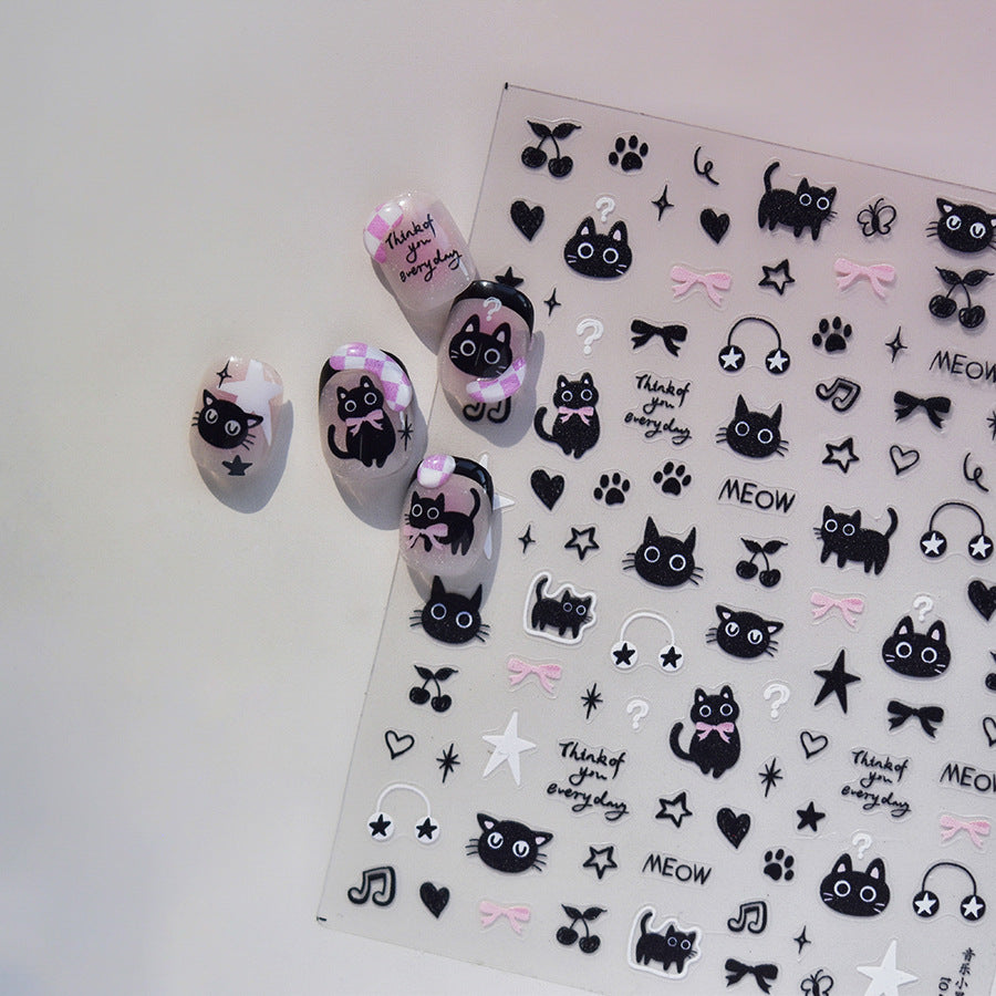 Adorable Black Cat Themed Nail Stickers - 30 PCS Thin yet Durable Flexible Nail Art Decals with Playful Kitty Designs for Women and Girls, Cute Animal Nail Decor