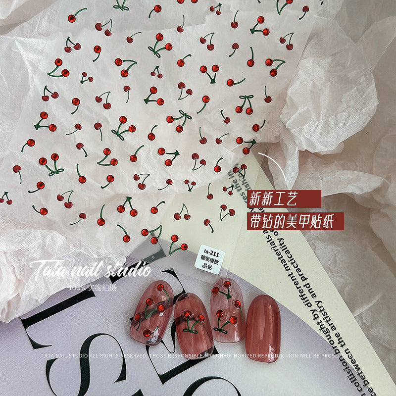 Adorable Cherry with Crystal Nail Stickers - 3D Sparkling Fruit Nail Art Decals with Jewel Accents, Sweet Summer Design for Women and Girls