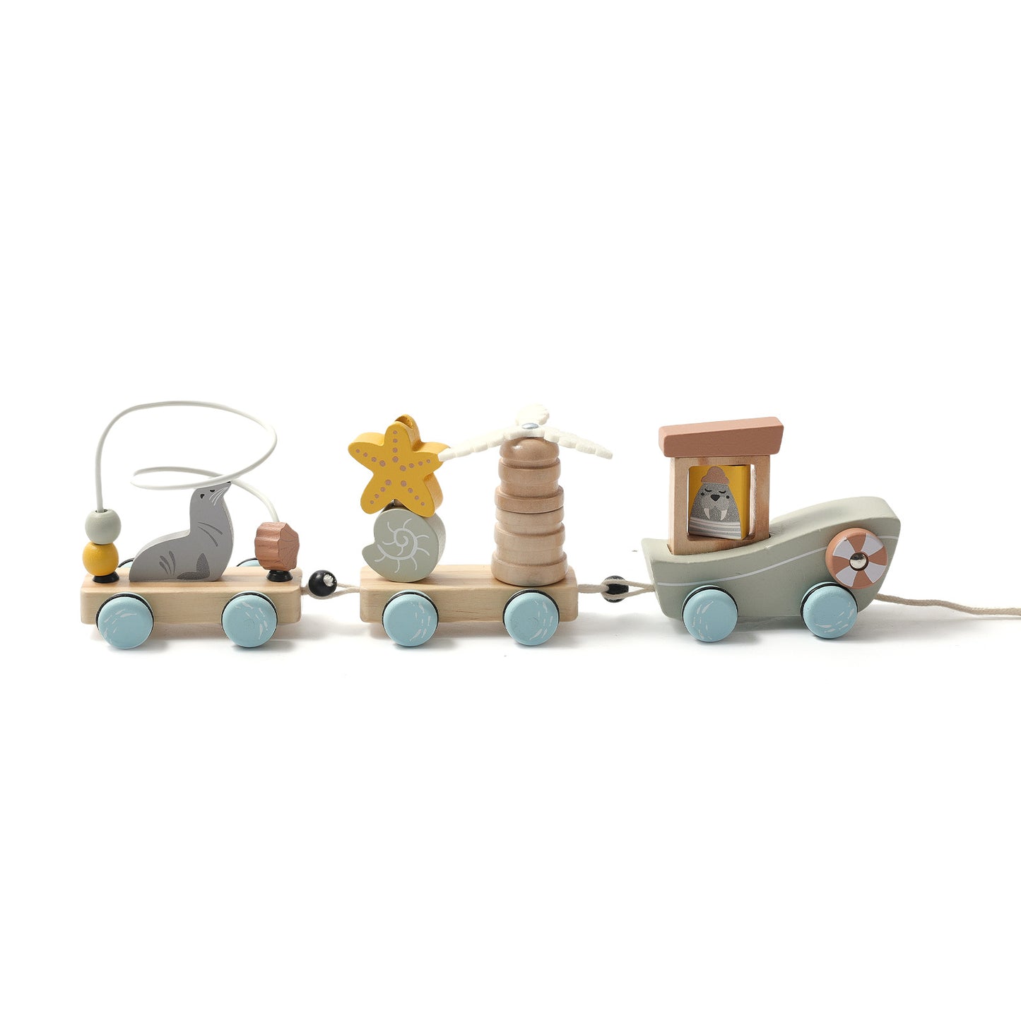 Wooden 3-Section Animal Pulling Toy - Baby Walking Train with Pull String, Educational Toddler Pull Toy with Animal Blocks, Montessori Early Learning Walking Aid for 1-3 Year Olds
