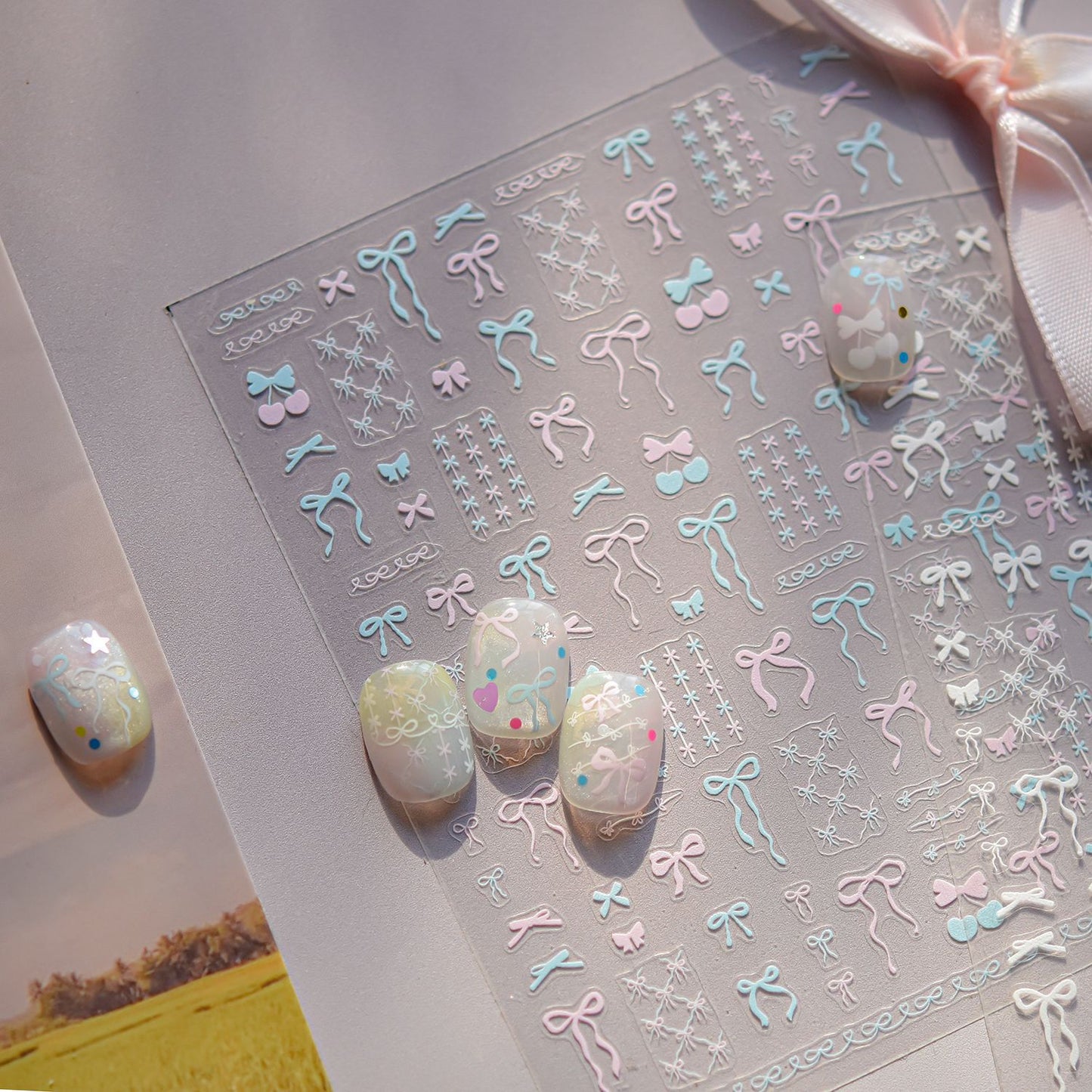 Pink Blue Bow Nail & Phone Stickers Set - Ultra Thin yet Durable Glossy Nail Art Decals and Phone Case Decor with 3D Effect, Cute Pastel Nail Designs for Women and Girls