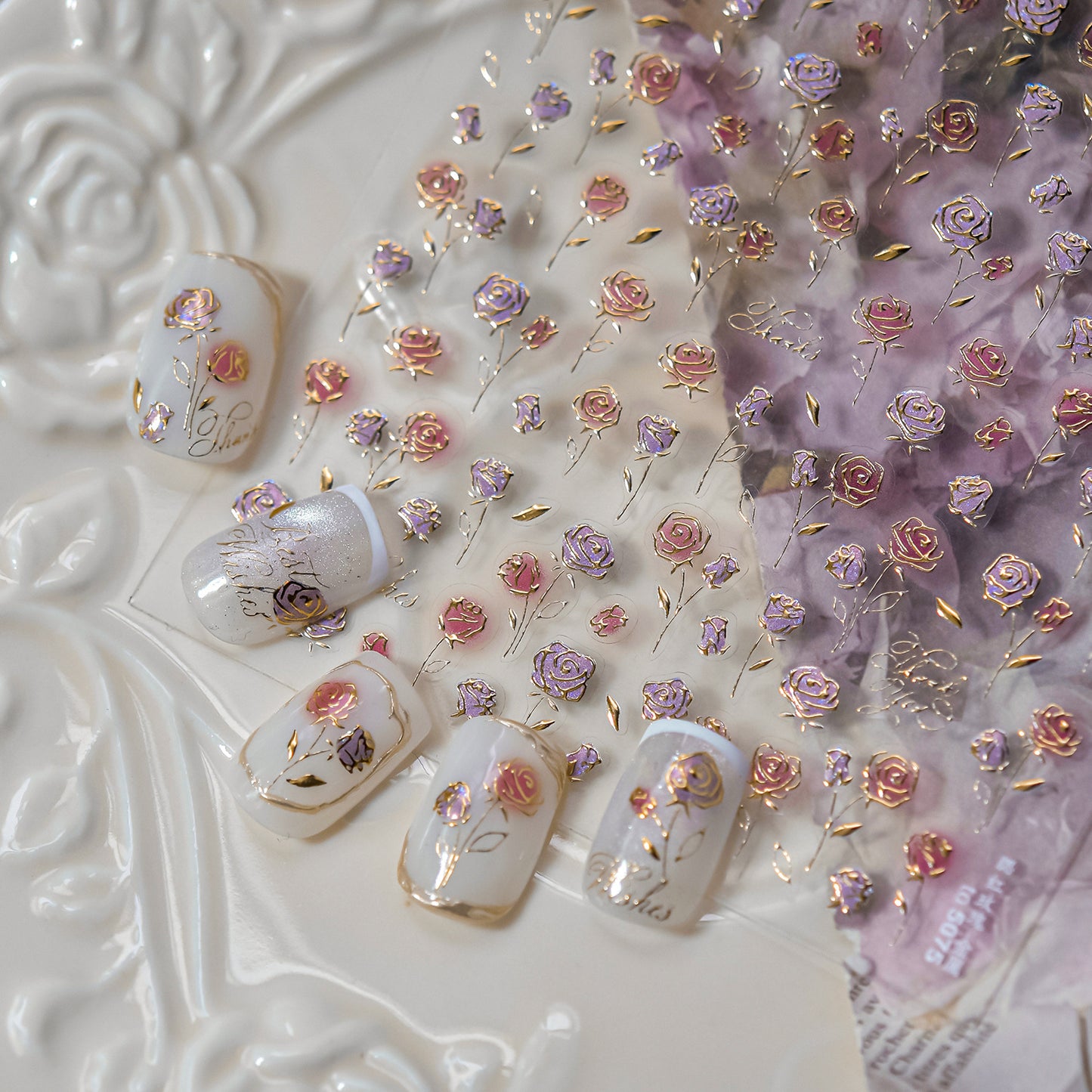 Vintage Blush Rose Metal Nail Stickers - Retro Nail Art with Metallic Rose Gold Accents, 3D Floral Embossed Nail Decals for Women, Elegant Romantic Nail Designs