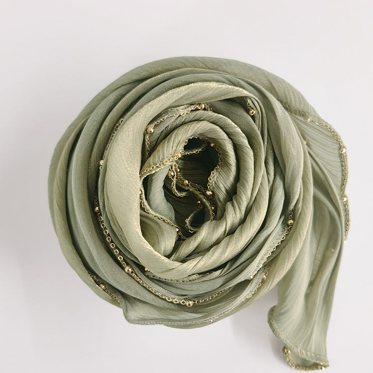 Shiny Satin Smooth Crepe Four-Sided Metal Chain Headscarf High-End Malay Middle Eastern Headscarf Arab