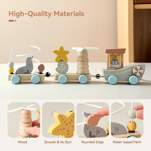 Wooden 3-Section Animal Pulling Toy - Baby Walking Train with Pull String, Educational Toddler Pull Toy with Animal Blocks, Montessori Early Learning Walking Aid for 1-3 Year Olds