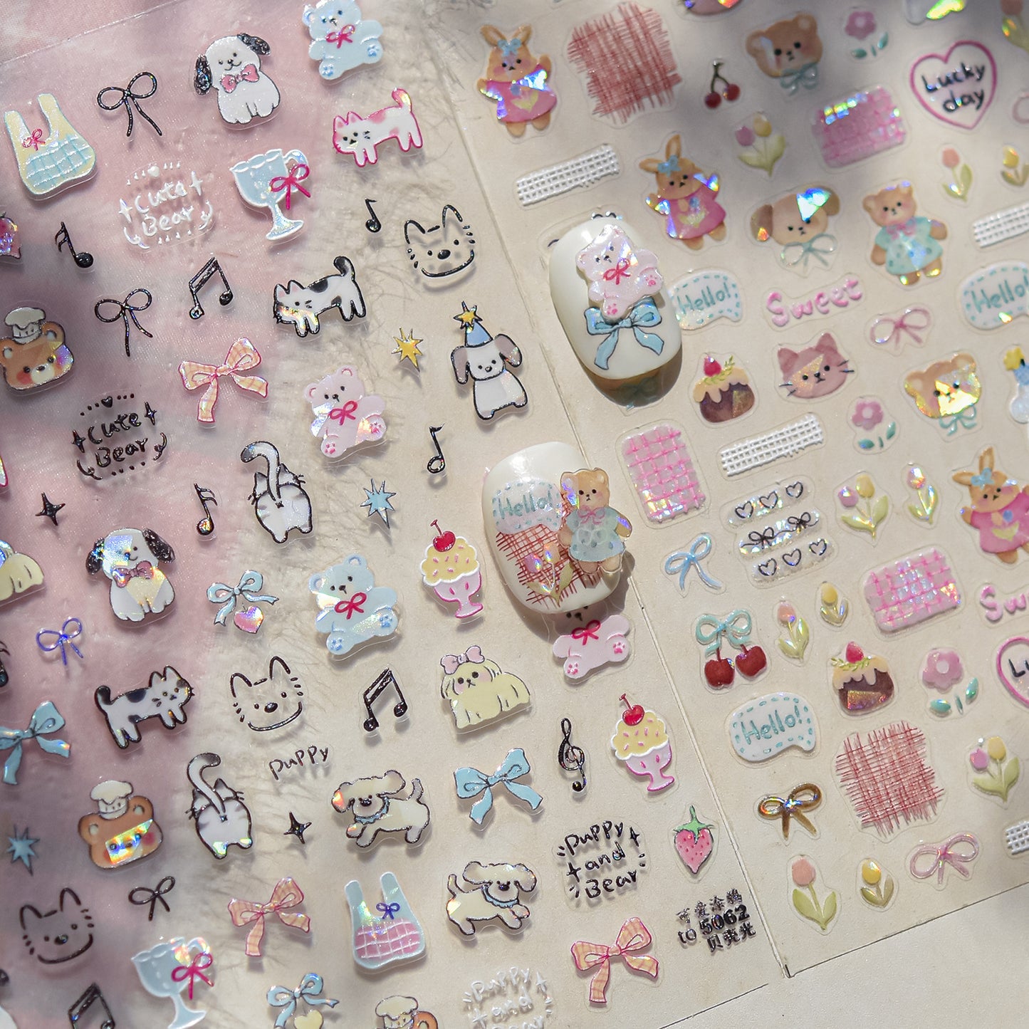 Kids Cartoon Doodle Nail Stickers with Iridescent Shell Glow - Fun Animal & Shape Designs, Non-Toxic Nail Decals for Children, Easy Peel-off Nail Art for Girls & Boys