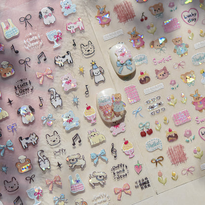 Kids Cartoon Doodle Nail Stickers with Iridescent Shell Glow - Fun Animal & Shape Designs, Non-Toxic Nail Decals for Children, Easy Peel-off Nail Art for Girls & Boys