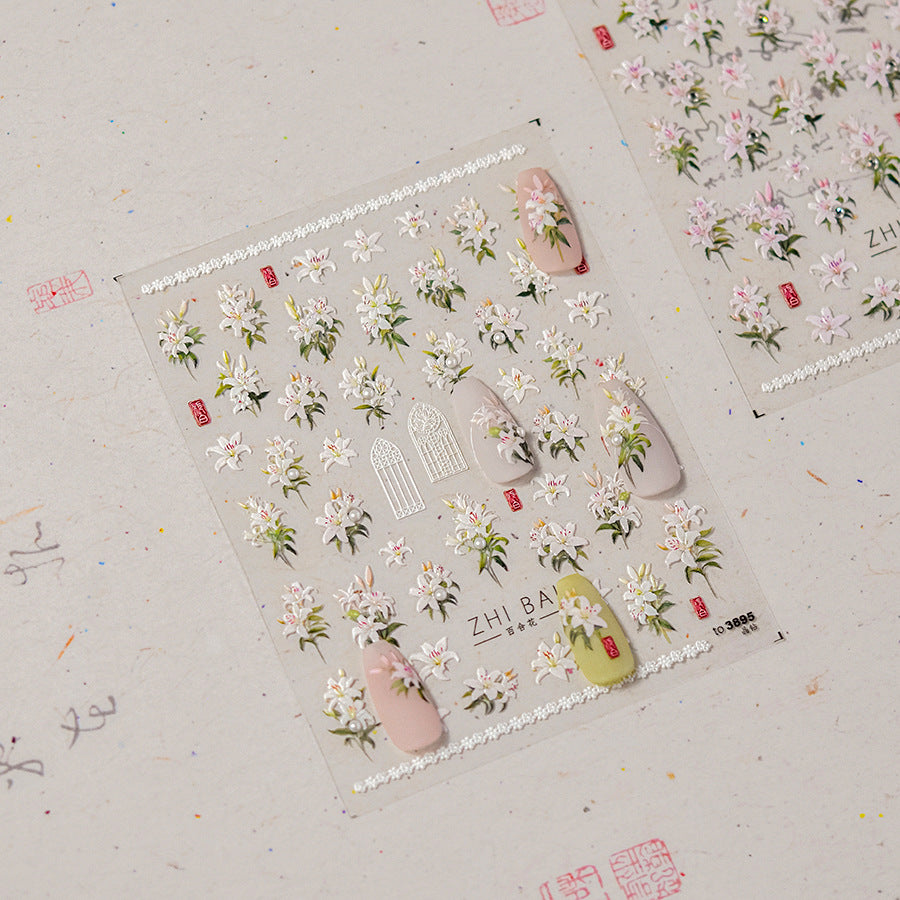 Vintage Lily Crystal Nail Stickers - Elegant 3D Floral Nail Art Decals with Sparkling Rhinestones