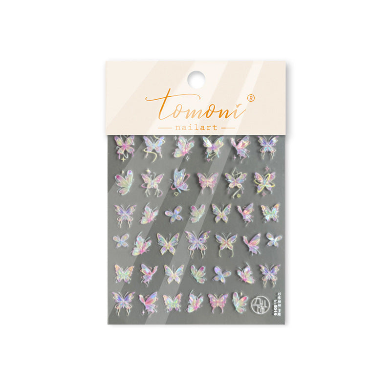 3D Colorful Butterfly Embossed Nail Stickers - Dimensional Flying Butterfly Nail Art Decals with Pearlescent Effects, Realistic Wing Textures for Women