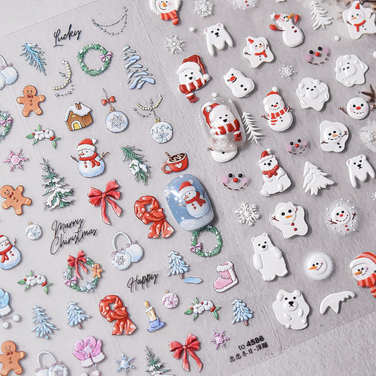 Winter Romance Christmas Embossed Nail Stickers - 3D Holiday Nail Art Decals with Snowflake, Reindeer & Santa Designs, Festive Christmas Manicure for Holiday Parties