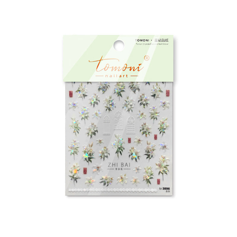 Vintage Lily Crystal Nail Stickers - Elegant 3D Floral Nail Art Decals with Sparkling Rhinestones