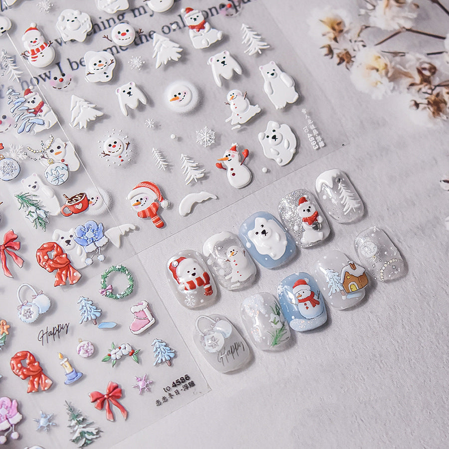 Winter Romance Christmas Embossed Nail Stickers - 3D Holiday Nail Art Decals with Snowflake, Reindeer & Santa Designs, Festive Christmas Manicure for Holiday Parties