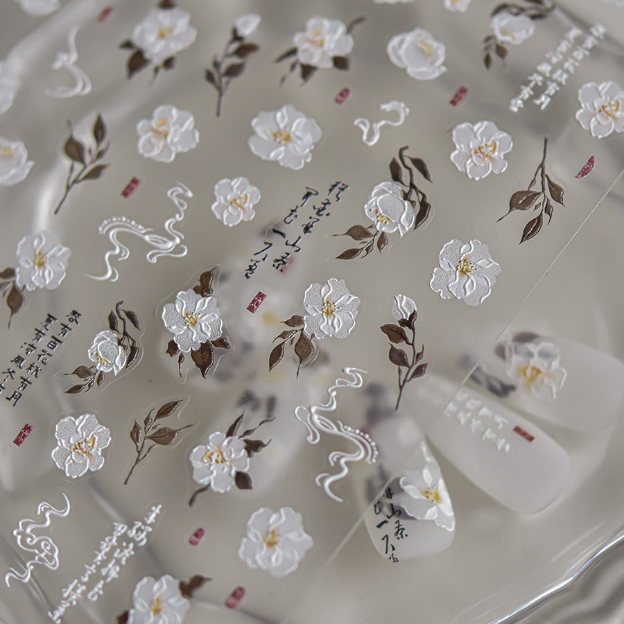 Vintage Camellia Embossed Nail Stickers - 3D Floral Nail Art Decals with Metallic Gold Accents, Romantic Blossom Designs for Women, Salon-Quality Manicure