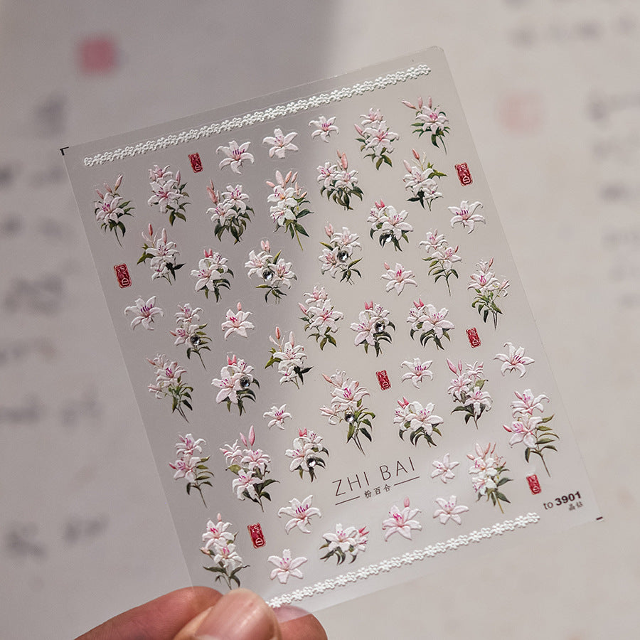 Vintage Lily Crystal Nail Stickers - Elegant 3D Floral Nail Art Decals with Sparkling Rhinestones