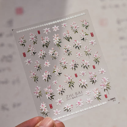 Vintage Lily Crystal Nail Stickers - Elegant 3D Floral Nail Art Decals with Sparkling Rhinestones