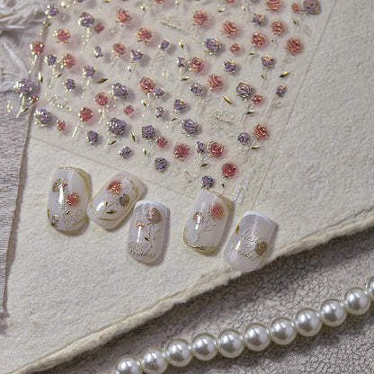 Vintage Blush Rose Metal Nail Stickers - Retro Nail Art with Metallic Rose Gold Accents, 3D Floral Embossed Nail Decals for Women, Elegant Romantic Nail Designs