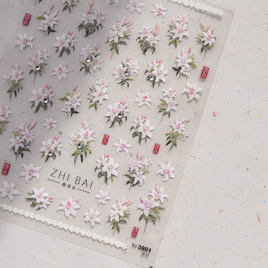 Vintage Lily Crystal Nail Stickers - Elegant 3D Floral Nail Art Decals with Sparkling Rhinestones