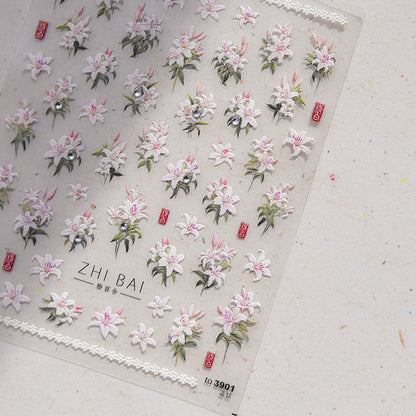 Vintage Lily Crystal Nail Stickers - Elegant 3D Floral Nail Art Decals with Sparkling Rhinestones