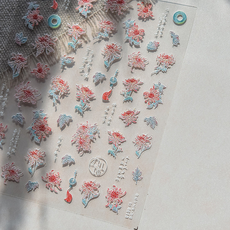 Embossed Nail Stickers Pink Empress Chrysanthemum Nail Stickers Mixed Style