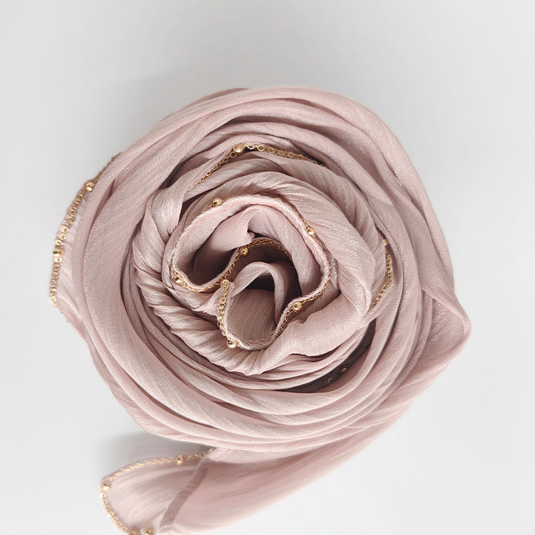 Shiny Satin Smooth Crepe Four-Sided Metal Chain Headscarf High-End Malay Middle Eastern Headscarf Arab