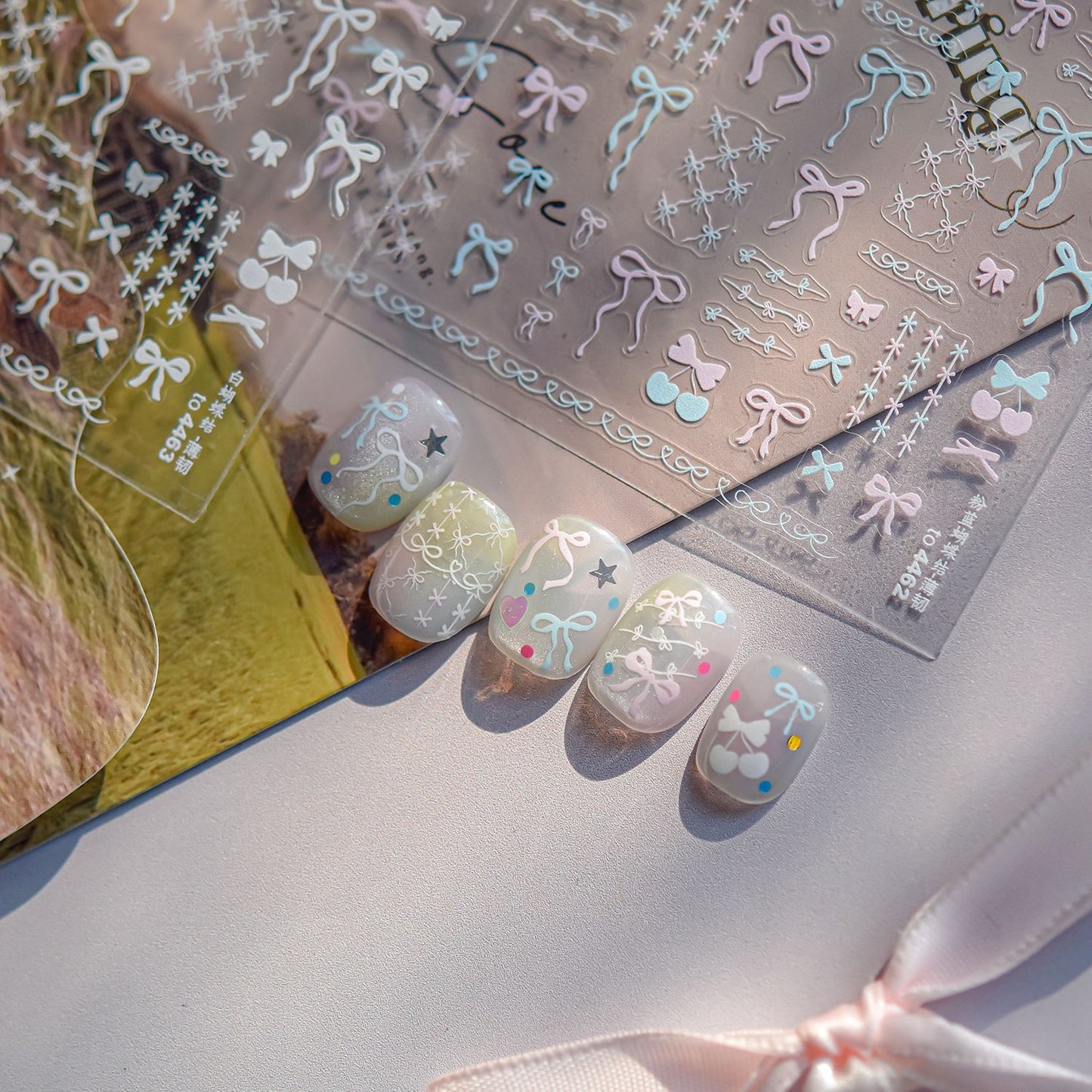 Pink Blue Bow Nail & Phone Stickers Set - Ultra Thin yet Durable Glossy Nail Art Decals and Phone Case Decor with 3D Effect, Cute Pastel Nail Designs for Women and Girls