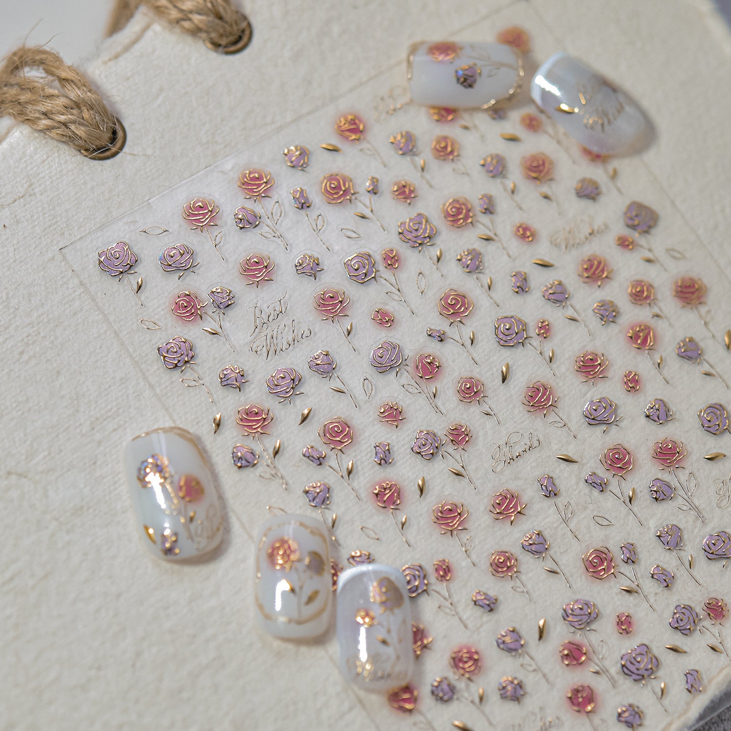 Vintage Blush Rose Metal Nail Stickers - Retro Nail Art with Metallic Rose Gold Accents, 3D Floral Embossed Nail Decals for Women, Elegant Romantic Nail Designs