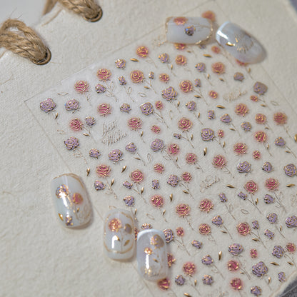 Vintage Blush Rose Metal Nail Stickers - Retro Nail Art with Metallic Rose Gold Accents, 3D Floral Embossed Nail Decals for Women, Elegant Romantic Nail Designs