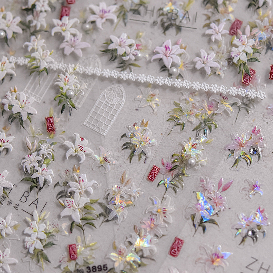 Vintage Lily Crystal Nail Stickers - Elegant 3D Floral Nail Art Decals with Sparkling Rhinestones