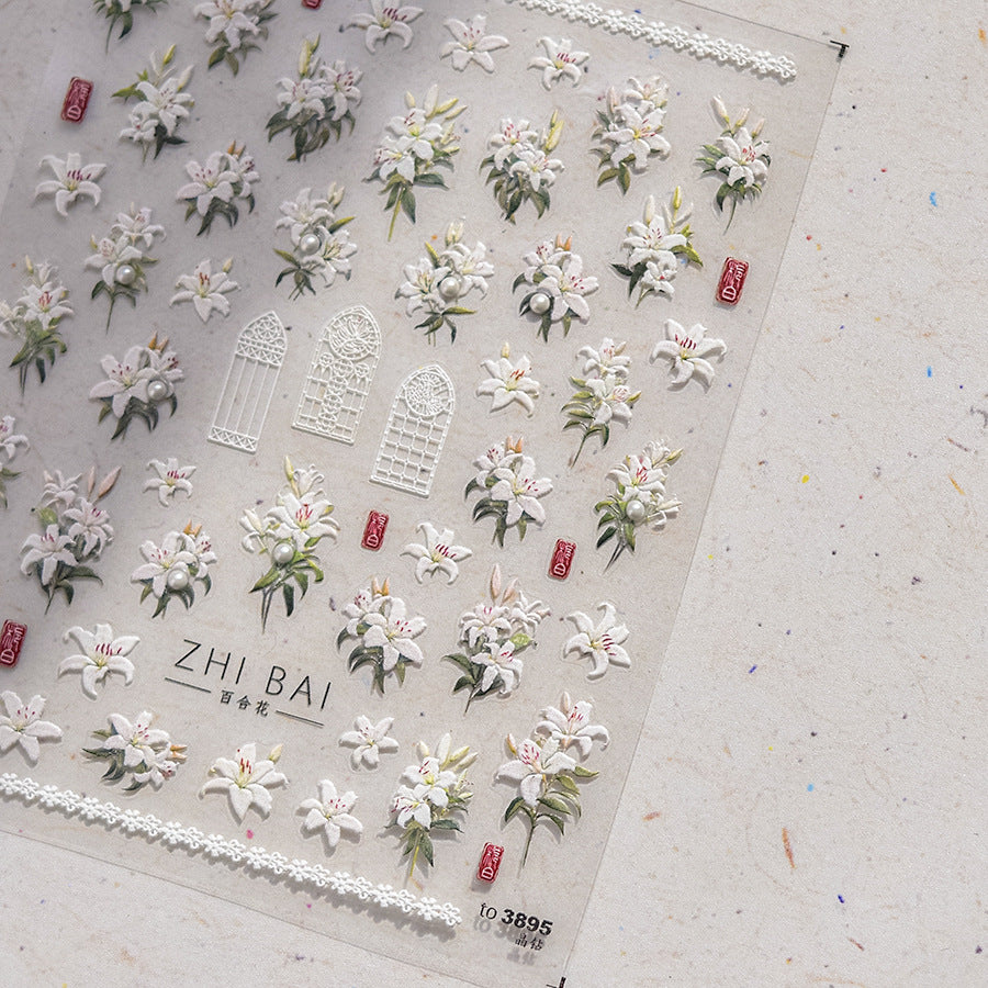 Vintage Lily Crystal Nail Stickers - Elegant 3D Floral Nail Art Decals with Sparkling Rhinestones