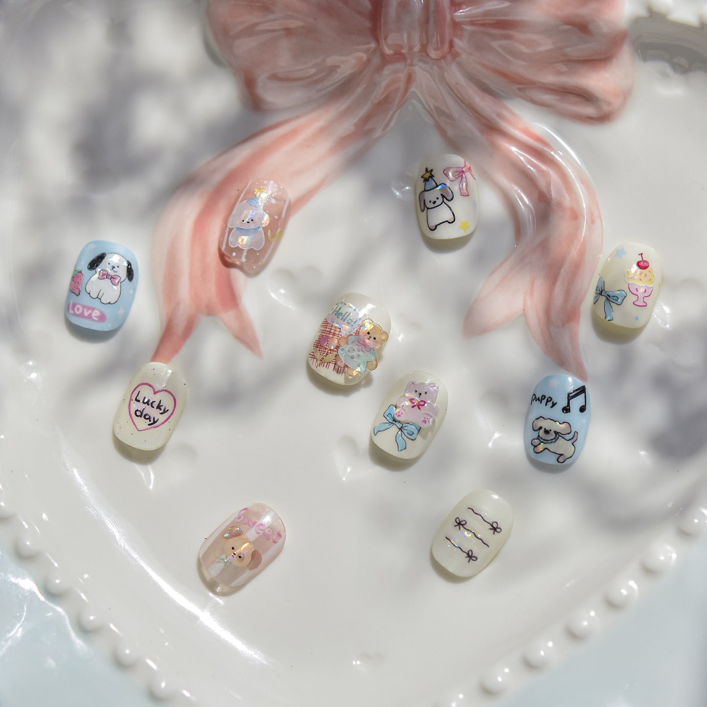 Kids Cartoon Doodle Nail Stickers with Iridescent Shell Glow - Fun Animal & Shape Designs, Non-Toxic Nail Decals for Children, Easy Peel-off Nail Art for Girls & Boys