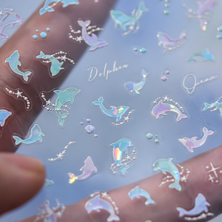 3D Glossy Dolphin Nail Stickers with Pearl Bubbles - Summer Water Light Nail Art Decals, Shimmering Ocean Theme Nail Designs with Shell Glow Effect