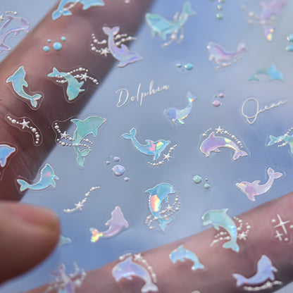 3D Glossy Dolphin Nail Stickers with Pearl Bubbles - Summer Water Light Nail Art Decals, Shimmering Ocean Theme Nail Designs with Shell Glow Effect