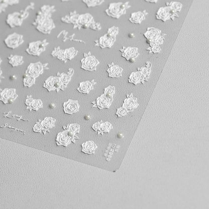 Vintage Black White Floral Nail Stickers with Pearls & Crystals - Elegant 3D Embossed Nail Art Decals with Butterfly Accents for Women, Salon-Quality Manicure