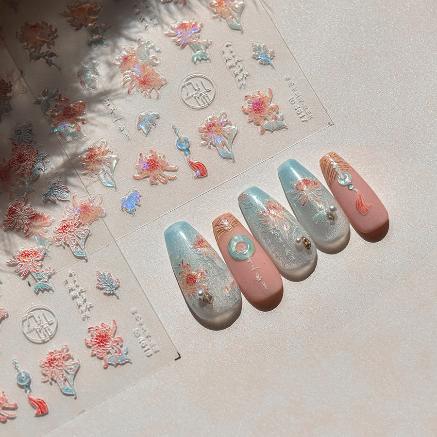 Embossed Nail Stickers Pink Empress Chrysanthemum Nail Stickers Mixed Style