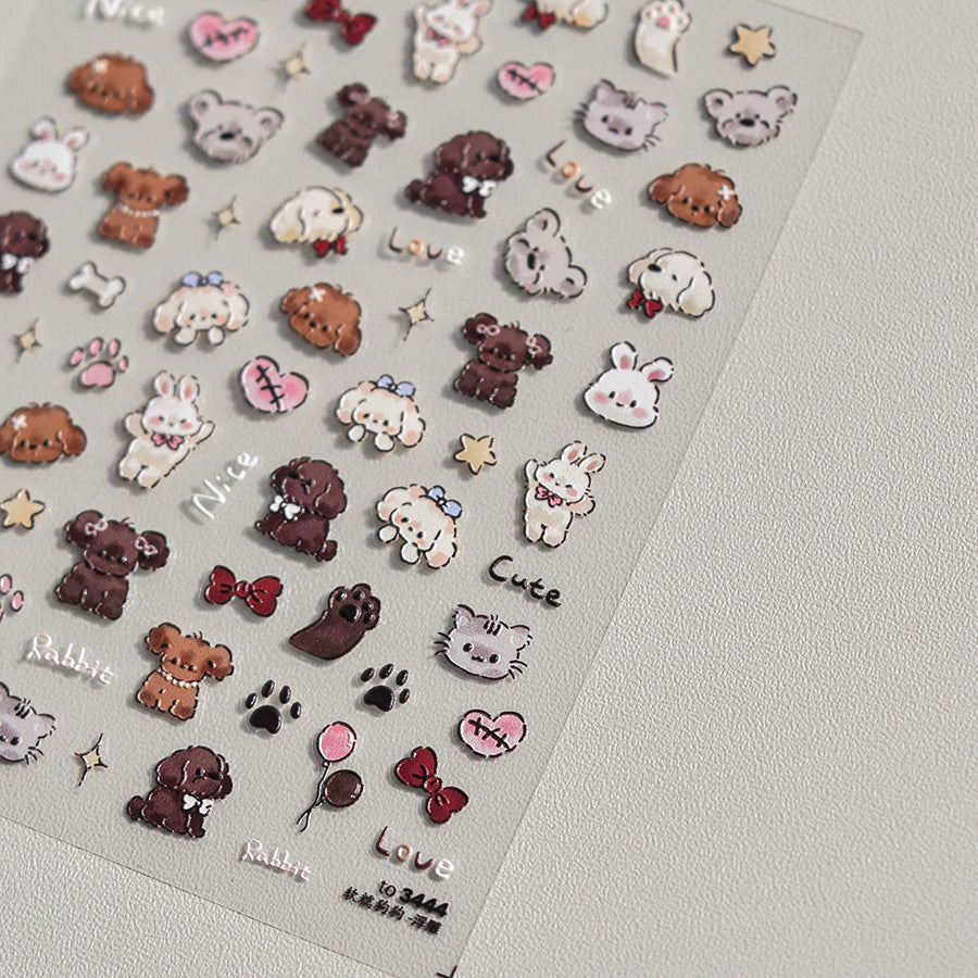 Adorable Hamburger Puppy 3D Embossed Nail Stickers - Fun Food & Animal Themed Nail Art Decals with Cute Character Designs for Women and Girls