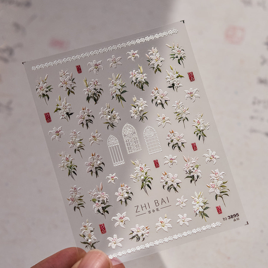 Vintage Lily Crystal Nail Stickers - Elegant 3D Floral Nail Art Decals with Sparkling Rhinestones